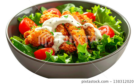 A delicious fresh vegetable salad with grilled chicken and red peppers on a white background. A delicious fresh vegetable salad with grilled chicken and red peppers on a white background. 138312020