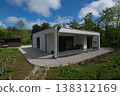 Modular modern minimalist single story house with covered terrace and low energy solar design in garden 138312169