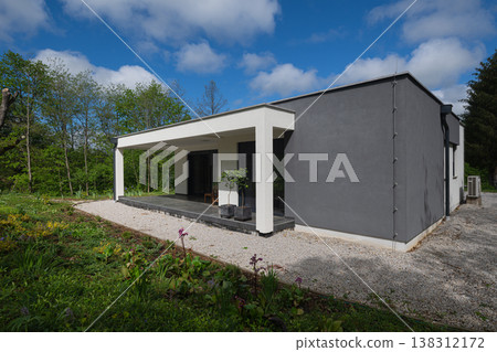Modular modern minimalist house with low energy design and high efficiency heating and cooling solar renewable energy 138312172