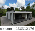 Modular modern minimalist house with covered terrace in a wooded energy efficient setting 138312176