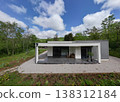 Modular modern minimalist low energy house with covered porch in a forest setting 138312184
