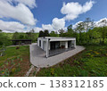 Modular modern minimalist low energy house with covered terrace and renewable solar friendly design 138312185