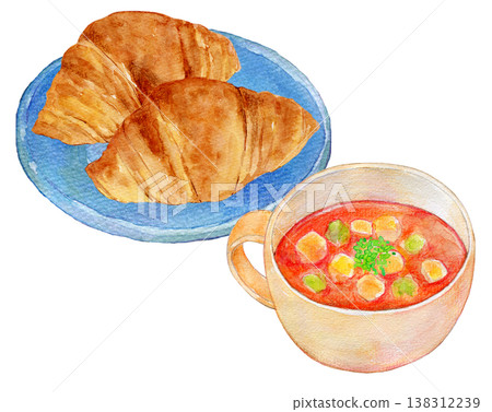 水彩插畫，手繪插畫，麵包和湯套裝 138312239