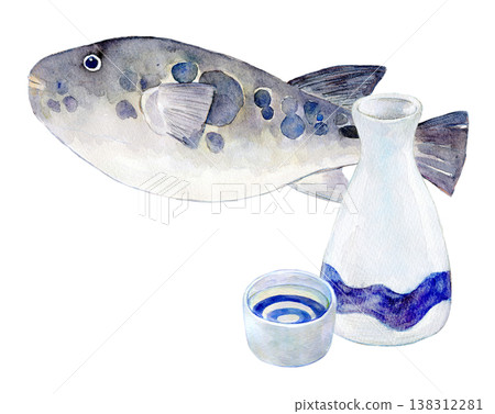 水彩插畫，手繪插畫，河豚鰭清酒 138312281