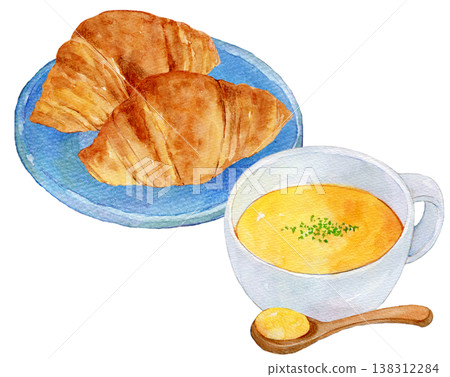 水彩插畫，手繪插畫，麵包和湯套裝 138312284