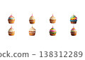 Delicious cupcakes, decorated with pink cream and colorful sprinkles, sit on a white background. 138312289