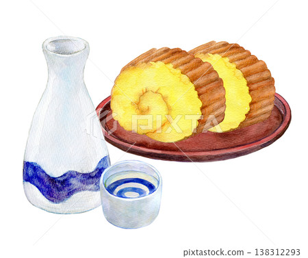 水彩插畫,手繪插畫:伊達捲(蛋捲)與日本清酒 水彩插畫,手繪插畫:伊達捲(蛋捲)與日本清酒 138312293