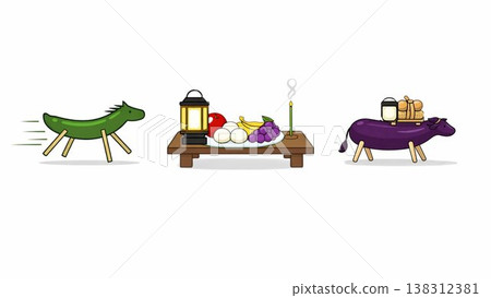 A chronological story composition of the welcoming and sending off of spirit horses and spirit cows during the Obon festival (with offering trays from the present world in the center). A chronological story composition of the welcoming and sending off of spirit horses and spirit cows during the Obon festival (with offering trays from the present world in the center). 138312381