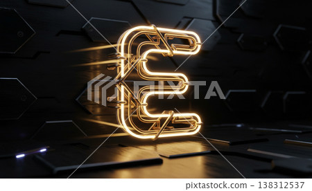 Neon Letter E with Golden Light Glow on Dark Technology Background 138312537