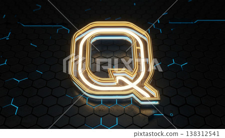 Neon Letter Q with Golden Glow on Dark Hexagon Technology Background 138312541
