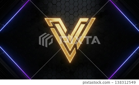 Neon Letter V with Golden Glow on Dark Tech Background 138312549