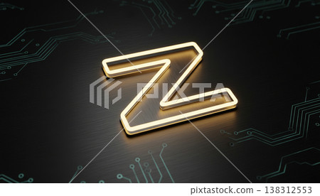 Neon Letter Z with Golden Glow on Dark Circuit Technology Background 138312553