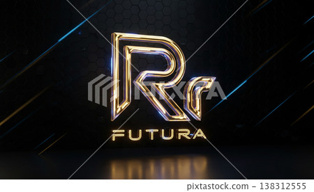 Neon Letter R Logo with Metallic Glow on Dark Technology Background Neon Letter R Logo with Metallic Glow on Dark Technology Background 138312555