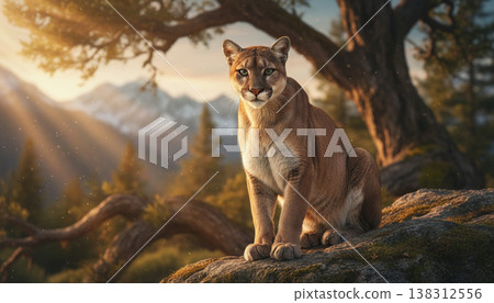 Cougar Sitting on Tree Branch in Forest with Golden Sunset Light Cougar Sitting on Tree Branch in Forest with Golden Sunset Light 138312556