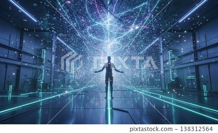 Human Standing in Digital Energy Portal with Technology Light Human Standing in Digital Energy Portal with Technology Light 138312564