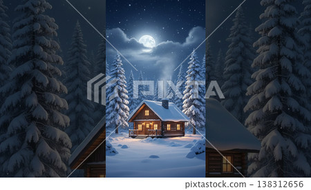 Cozy Wooden Cabin in Snowy Forest Night Winter Cozy Wooden Cabin in Snowy Forest Night Winter 138312656