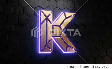 Futuristic Neon Letter K with Metallic Gold Style on Dark Tech Hexagon Background 138312670