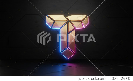 Neon Letter T with Metallic Gold Gradient on Dark Background 138312678