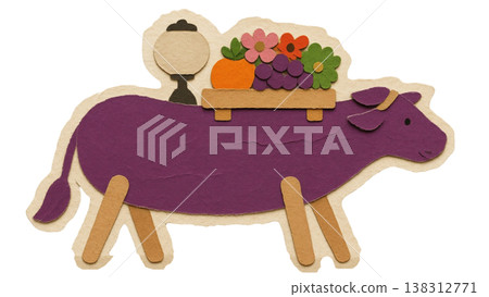 以茄子為原型創作的靈牛(茄子)和供奉蔬菜的工藝插畫 以茄子為原型創作的靈牛(茄子)和供奉蔬菜的工藝插畫 138312771