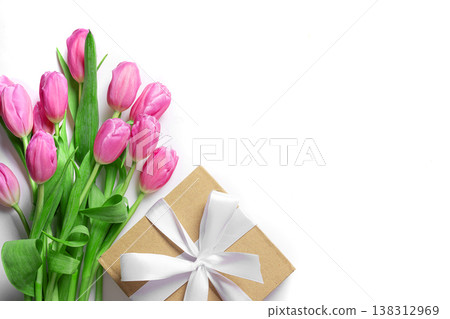 Pink tulips and gift box, Mother's Day concept Pink tulips and gift box, Mother's Day concept 138312969