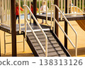 Close-up view of a modern playground structure with children playing in the background 138313126