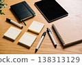 Flat lay of office supplies including notebooks, sticky notes, pens, and a tablet on a wooden desk 138313129