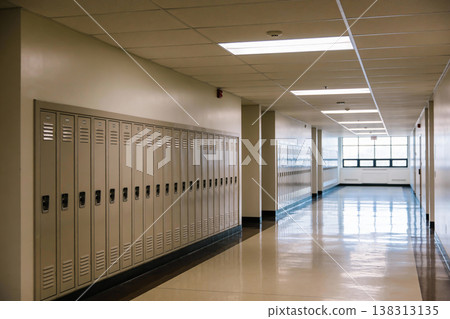 Empty school hallway with rows of beige metal lockers and bright fluorescent lighting 138313135