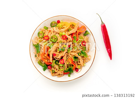 Chow Mein noodles with chicken and vegetables, overhead flat lay shot Chow Mein noodles with chicken and vegetables, overhead flat lay shot 138313192