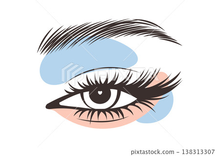 Woman eye with long eyelashes and eyebrow. Abstract eye makeup. Fashion illustration. Woman eye with long eyelashes and eyebrow. Abstract eye makeup. Fashion illustration. 138313307