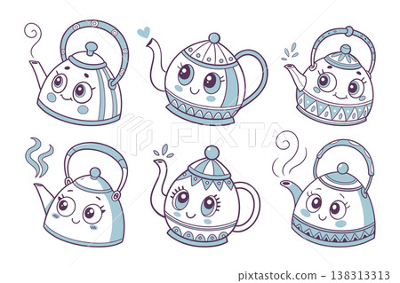 Hand drawn cute kawaii teapots and kettles collection. Doodle illustration. Kawaii characters set. 138313313