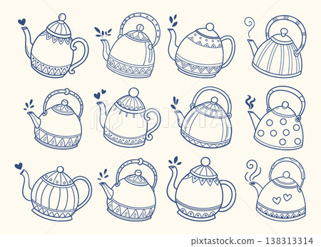 Hand drawn cute teapots and kettles collection. Line art doodle illustration. Minimal blue line set. 138313314