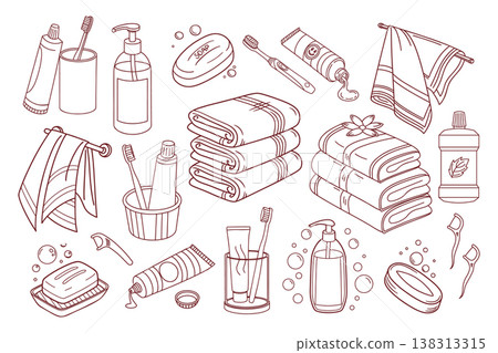 Hand drawn bathroom hygiene and personal care items set. Soap, toothbrush, toothpaste, dispenser and towels. Minimal line set for skincare packaging. Hand drawn bathroom hygiene and personal care items set. Soap, toothbrush, toothpaste, dispenser and towels. Minimal line set for skincare packaging. 138313315