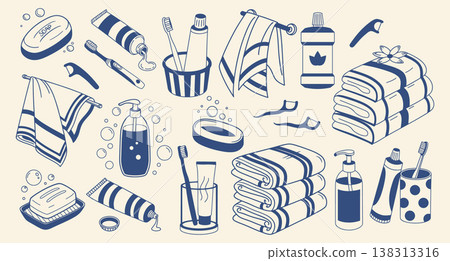 Hand drawn bathroom hygiene and personal care items set. Soap, toothbrush, toothpaste, dispenser and towels. Minimal blue line set for skincare packaging. Hand drawn bathroom hygiene and personal care items set. Soap, toothbrush, toothpaste, dispenser and towels. Minimal blue line set for skincare packaging. 138313316