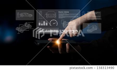 Hands Interacting with Digital Interface Featuring Electric Vehicle Data and Information, Displaying Technology and Innovation Concepts Ledger Hands Interacting with Digital Interface Featuring Electric Vehicle Data and Information, Displaying Technology and Innovation Concepts Ledger 138313490