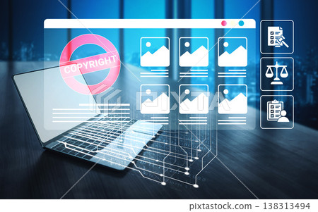 Digital representation of copyright protection in the context of content management and legal considerations in technology-oriented workspace. Ledger 138313494