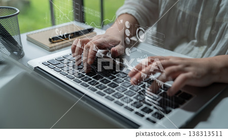 Individual Working on Laptop Surrounded by Digital Graphs and Data Representations, Symbolizing Data Analysis, Technology, and Remote Work Environment Scalp Individual Working on Laptop Surrounded by Digital Graphs and Data Representations, Symbolizing Data Analysis, Technology, and Remote Work Environment Scalp 138313511