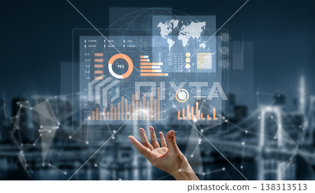 Futuristic Data Analysis Interface Displaying Global Metrics and Graphs Representing Business Growth and Technology Insights in Digital Format Scalp 138313513
