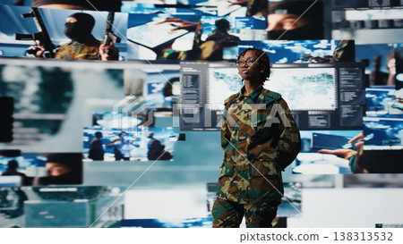 Air defense command operator using radar systems on digital videowall to detect incoming ballistic missiles. Army soldier in base of operations scanning rockets approaching borders, camera A 138313532