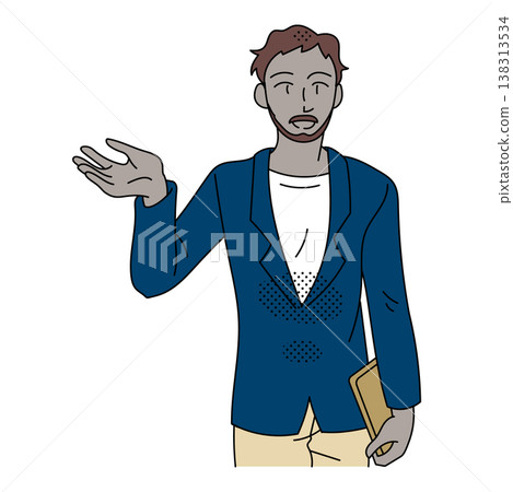 An illustration of a businessman using hand gestures to explain or convey information. 138313534