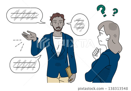 一幅商業插圖，描繪了男女同事之間因語言差異而導致溝通不良的問題。 138313548