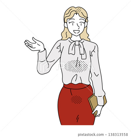 An illustration of a businesswoman giving a presentation and conveying information using hand gestures. An illustration of a businesswoman giving a presentation and conveying information using hand gestures. 138313558
