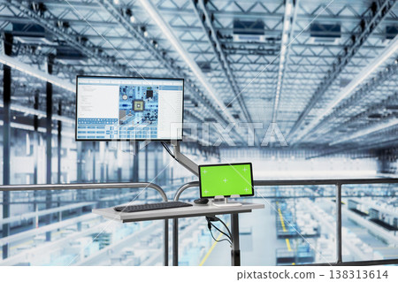 Isolated screen tablet in empty high tech semiconductors factory used to supervise production output. Chroma key device used to analyze data and troubleshoot industrial plant infrastructure errors 138313614