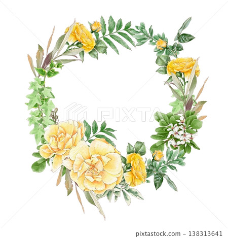 Watercolor illustration of a wreath of delicate roses and other flowers on a white background, hand-drawn. 138313641