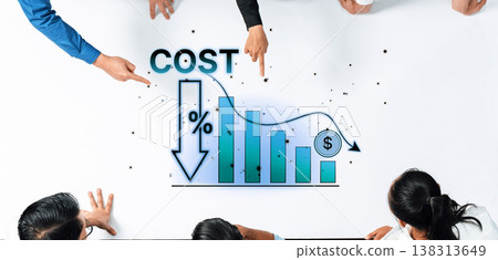 Business meeting focused on analyzing cost reduction strategies using graphical data representation to enhance financial decision-making processes Trope 138313649