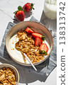 Balanced breakfast with yogurt, granola and strawberry on marble background. Top view 138313742