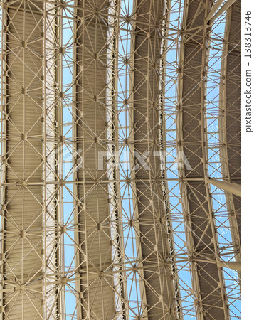 Geometric metal roof structure with skylights viewed from below. Geometric metal roof structure with skylights viewed from below. 138313746