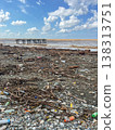 A littered pebble beach with rough waves and accumulations of debris and plastic. 138313751