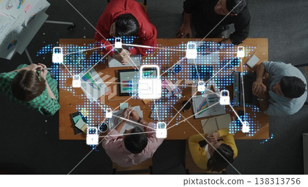 Group of Diverse People Collaborating Around a Table with Digital Lock Symbols Representing Cybersecurity and Data Protection Strategies in Modern Workspace. Raster Group of Diverse People Collaborating Around a Table with Digital Lock Symbols Representing Cybersecurity and Data Protection Strategies in Modern Workspace. Raster 138313756