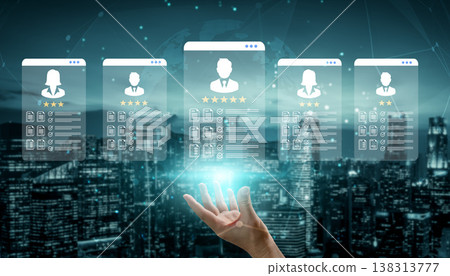 Digital Interface Representing User Profiles and Ratings with Glowing Hand Gesture Against a Cityscape Background at Night Ledger 138313777