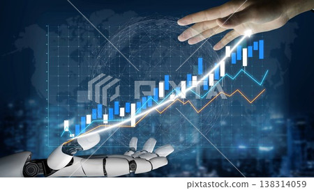 Futuristic Robotic Hand Reaching Out Towards Rising Stock Market Graph with Digital Elements and Cityscape Background Copula Futuristic Robotic Hand Reaching Out Towards Rising Stock Market Graph with Digital Elements and Cityscape Background Copula 138314059